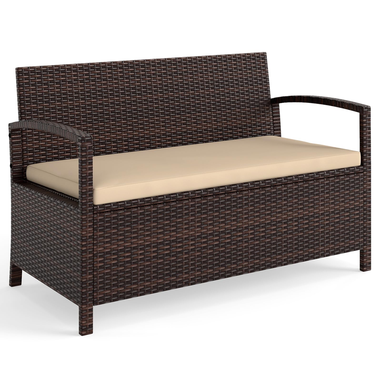 Tangkula 42 Gallon Outdoor PE Rattan Bench with Storage & Cushion
